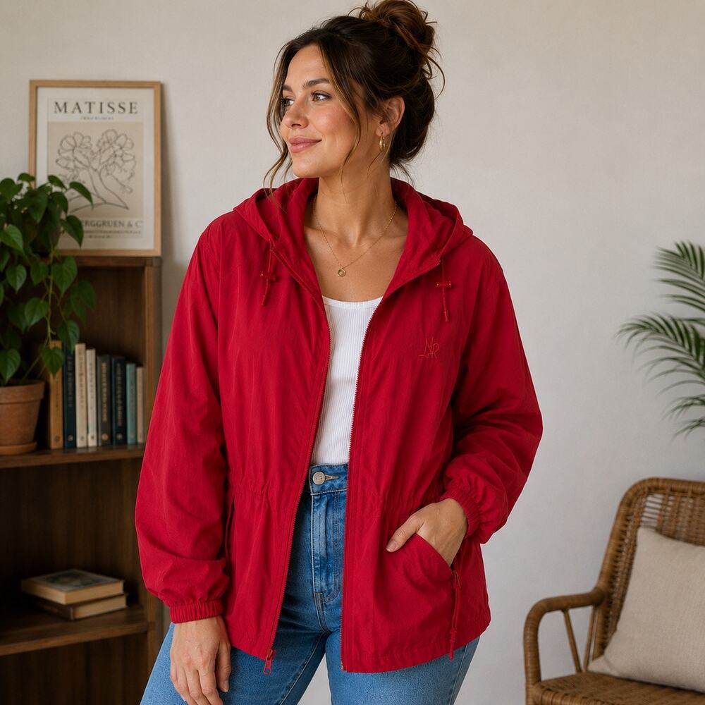 Vintage Cottage Essentials Red Cinched Waist Hooded Windbreaker Jacket Small